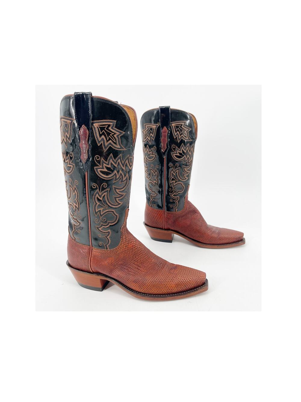 Lucchese Women’s 7 Black & Cognac Lizard Print Snip Toe Western Cowgirl Boots